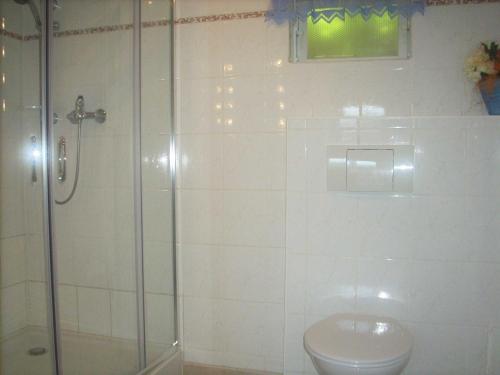 ein Bad mit einer Dusche und einem WC in der Unterkunft Bungalow Bansin in Bansin