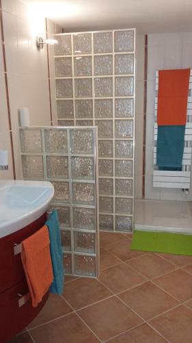 baño con lavabo y ducha con estanterías de cristal en Les Portes Du Ventoux, en Saint-Didier