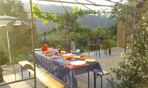 a table with a blue table cloth on a patio at Agriturismo Nonni Devia in Lucinasco