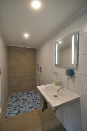 a bathroom with a sink and a shower and a mirror at Hotel Zum Stern in Rauischholzhausen