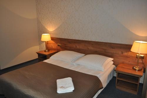 una camera d'albergo con un letto con due lampade di Hotel POD RÓŻAMI a Jedlnia-Letnisko
