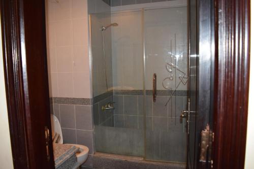 a glass shower in a bathroom with a toilet at Palm Beach Piazza Apart hotel Sahl Hasheesh in Hurghada