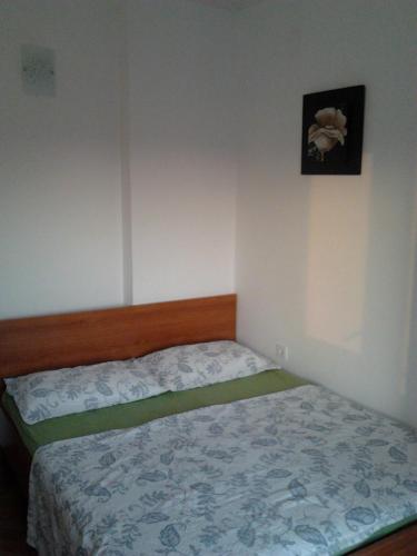 1 dormitorio con 1 cama y una foto en la pared en Sunshine apartment en Rab