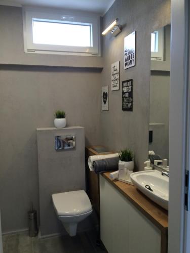 a bathroom with a toilet and a sink at Apartament na Ogrodach in Poznań