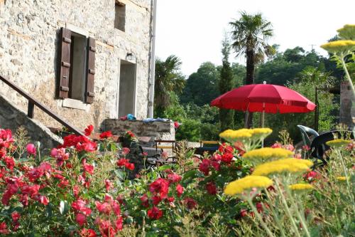 a red umbrella in a garden with flowers at Mas Manyaques in Le Tech