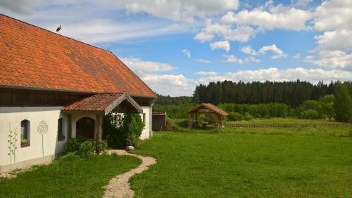 een huis met een oranje dak en een grasveld bij Jabłkowo- gospodarstwo agroturystyczne na skraju Puszczy Boreckiej in Jabłonowo