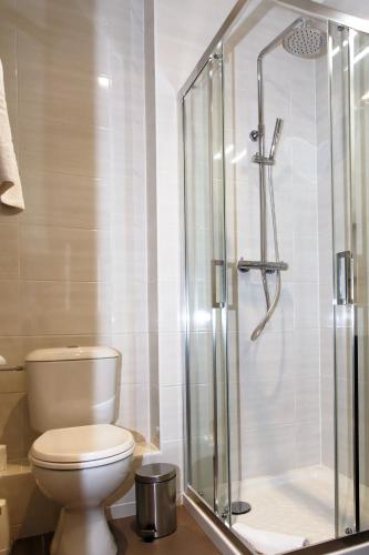 a bathroom with a toilet and a glass shower at Hôtel De L'Ill in Strasbourg