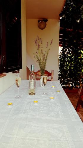 a table with a bottle of wine and two glasses at Apartments Elena in Ugljan