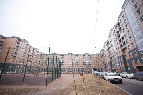 プーシキンにあるАпартаменты на Изборскойの高層ビルや車が停まる街道