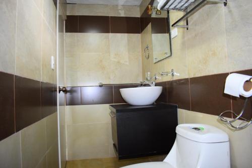 a bathroom with a white toilet and a sink at Hotel Imperial in Ambato