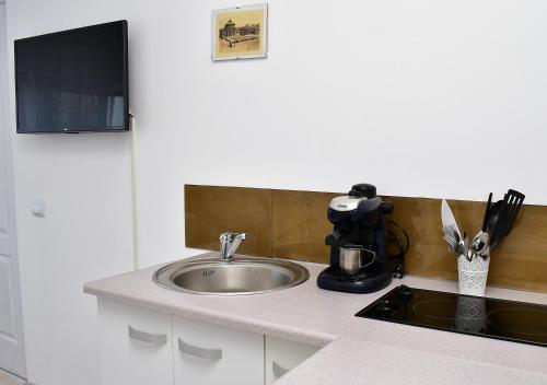 a kitchen counter with a sink and a mixer at One Love Central Studio II in Bucharest