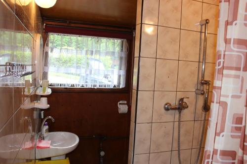 y baño pequeño con lavabo y ducha. en Domek Letniskowy Brożówka, en Kruklanki