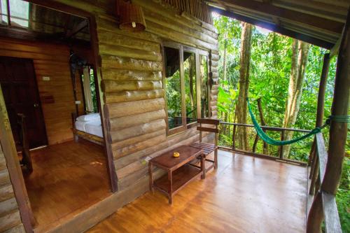 an inside view of a cabin with a bench and a window at Khao Sok Riverside Cottages in Khao Sok