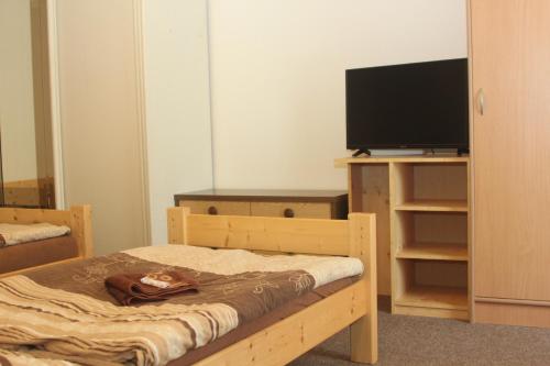 a bedroom with a bed and a flat screen tv at Penzion V Ráji in Strakonice
