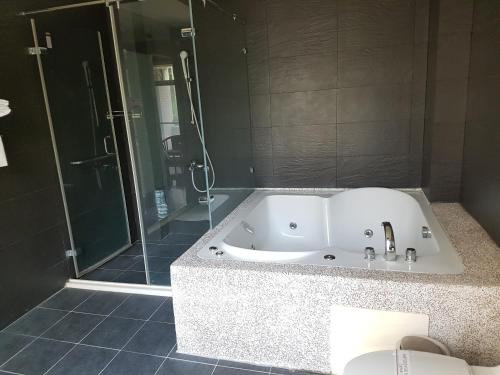 a bathroom with a bath tub and a shower at Moon Villa in Zhongpu