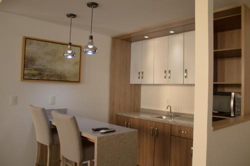 a kitchen with a table and chairs and a sink at Hangar Inn Guadalajara Aeropuerto in Guadalajara