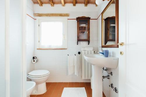 ein Bad mit einem WC, einem Waschbecken und einem Spiegel in der Unterkunft Agriturismo La Quercia in SantʼAntonio