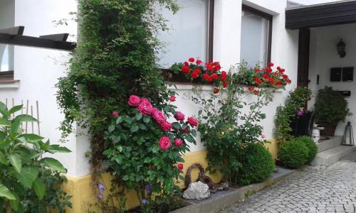 a house with flowers on the side of it at Ferienwohnung "Am Eisenbühl" in Berg
