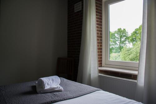 een bed met een handdoek naast een raam bij Erve de Bosch in Benteloo