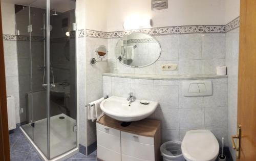 a bathroom with a sink and a shower and a toilet at Haslgut in Fuschl am See