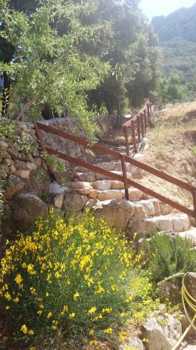 a wooden fence on the side of a hill with flowers at Casa Lucia Campagna Relax in Dorgali