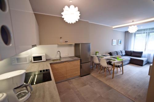 een keuken en een woonkamer met een bank en een tafel bij Post Apart - Apartamenty w Centrum in Krynica Zdrój