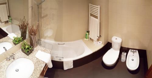a bathroom with a tub and a sink and a toilet at Moleiro's Country House in Esposende