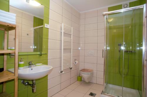 y baño con lavabo, ducha y aseo. en Apartments Nac Bovec, en Bovec