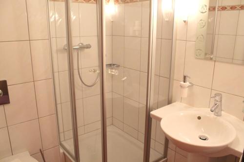 y baño con ducha y lavamanos. en Hotel und Restaurant Eurohof, en Duisburg