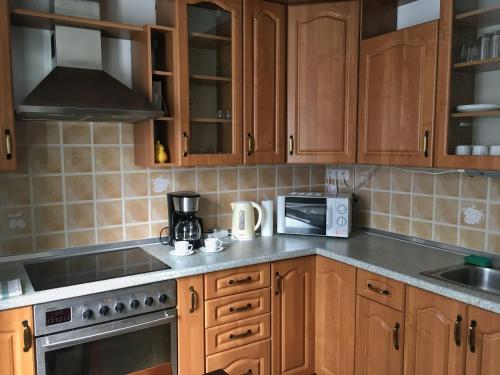 uma cozinha com armários de madeira e um forno com placa de fogão em Diamonds Apartment with 2 rooms near Guzsdu udvar em Budapeste