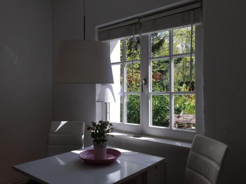 a dining room with a table and a window at apartment-am-airport in Hamburg