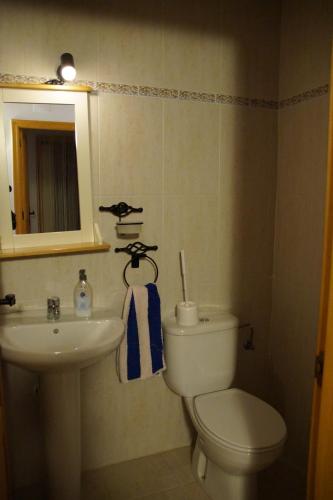 a bathroom with a white toilet and a sink at Apartment Cal Viola in Torroja