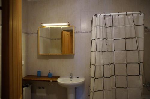 a bathroom with a sink and a shower curtain at Apartment Cal Viola in Torroja