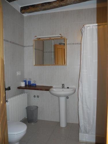 a bathroom with a sink and a toilet and a mirror at Apartment Cal Viola in Torroja