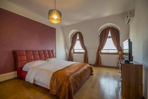 a bedroom with a large bed and two windows at Purple Star Apartments in St. St. Constantine and Helena