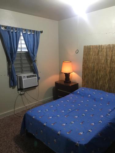 um quarto com uma cama com um lençol azul e uma janela em Joe Apartment em San Juan