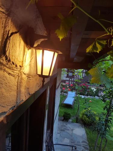 a light on the side of a building with a garden at Trenchova Guest House in Bansko