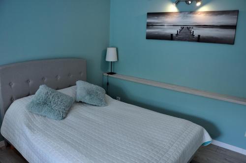 a blue room with a bed with two pillows at Pokoje Gościnne Mizera in Kudowa-Zdrój