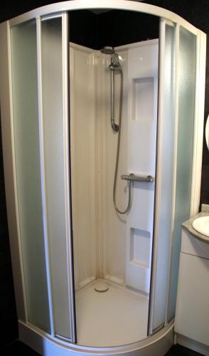 a bathroom with a shower and a sink at Holiday home Het Zeugekot in Beveren