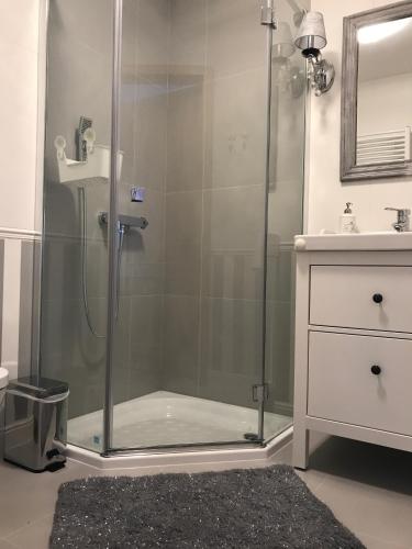 a shower with a glass door in a bathroom at U Macieja z kortem tenisowym in Kłodzko