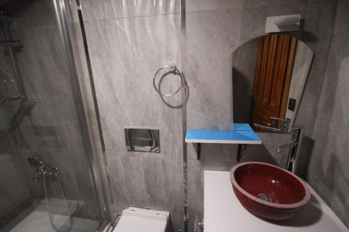 a bathroom with a shower and a red sink at TAŞKONAK in Bergama