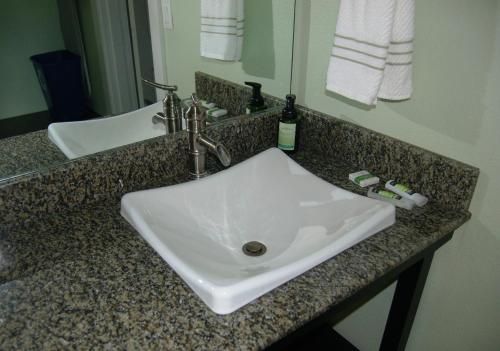 a bathroom counter with a sink and a mirror at Beachfront Manor Hotel in Lincoln City