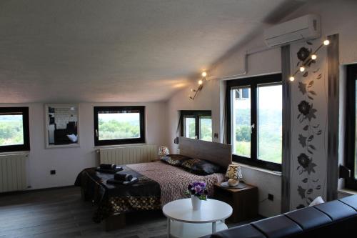 a bedroom with a bed and a couch and windows at Villa Kimberly in Rovinj