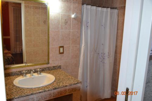 a bathroom with a sink and a shower curtain at Hotel Victoria in Bahía Blanca