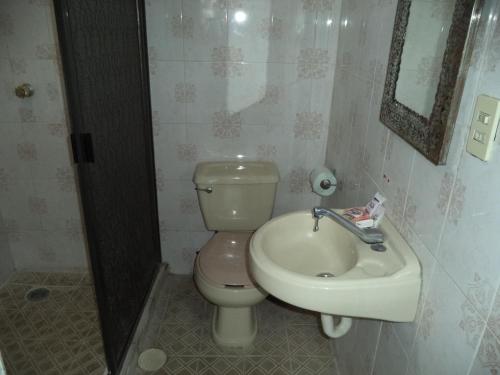 a bathroom with a toilet and a sink at Hotel Ocampo in Oaxtepec