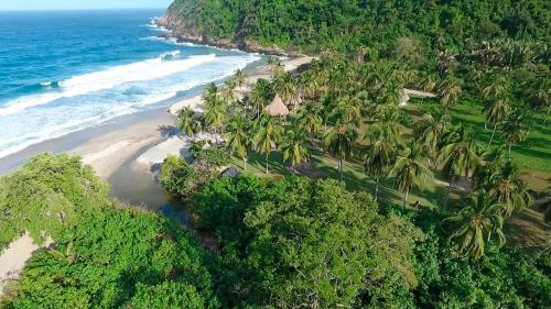 an aerial view of a beach with palm trees at Ecolodge Playa Brava Teyumakke in Calabazo