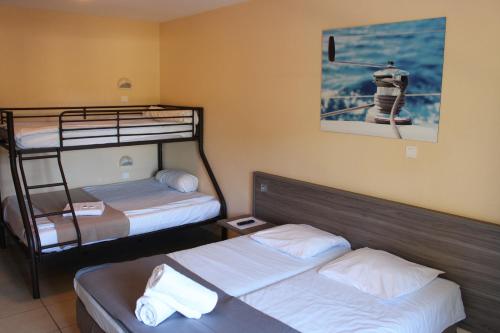 Les Voiles d'Azur في لا لوند-ليه-مور: غرفة نوم بسريرين بطابقين وصورة على الحائط