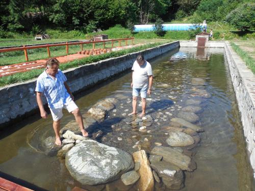 two men standing on rocks in a pool of water at Complex Pastravaria Albota in Arpaşu de Sus