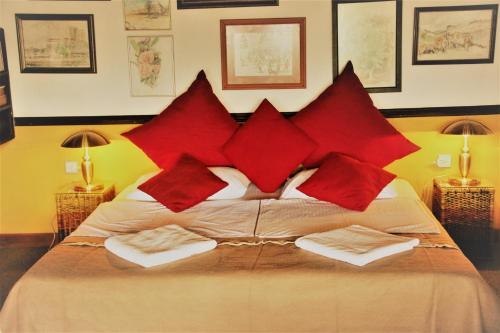 a bedroom with a large bed with red pillows at Kandy Stonehouse APARTMENT in Kandy