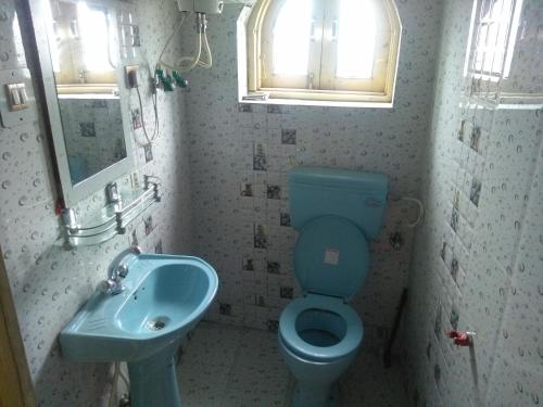 a bathroom with a blue toilet and a sink at Kashmir naaz in Srinagar